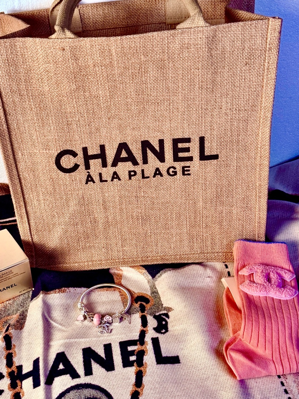 GWP Chanel Beige Jute Tote with Throw
